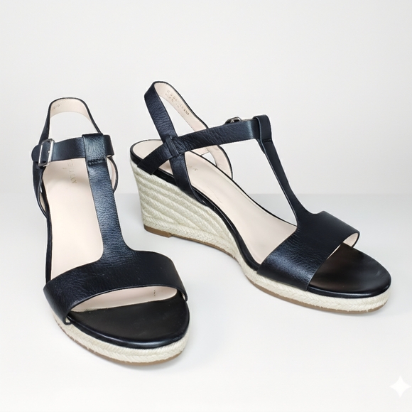 Cole Haan Shoes - Cole Haan Size 8.5 Sandals Espadrille Black Leather Wedges Ankle T Strap Heels